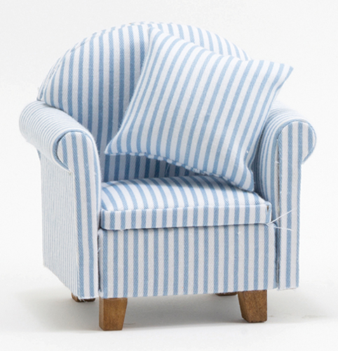 Dollhouse Miniature Chair with Pillow, Blue/White Stripe